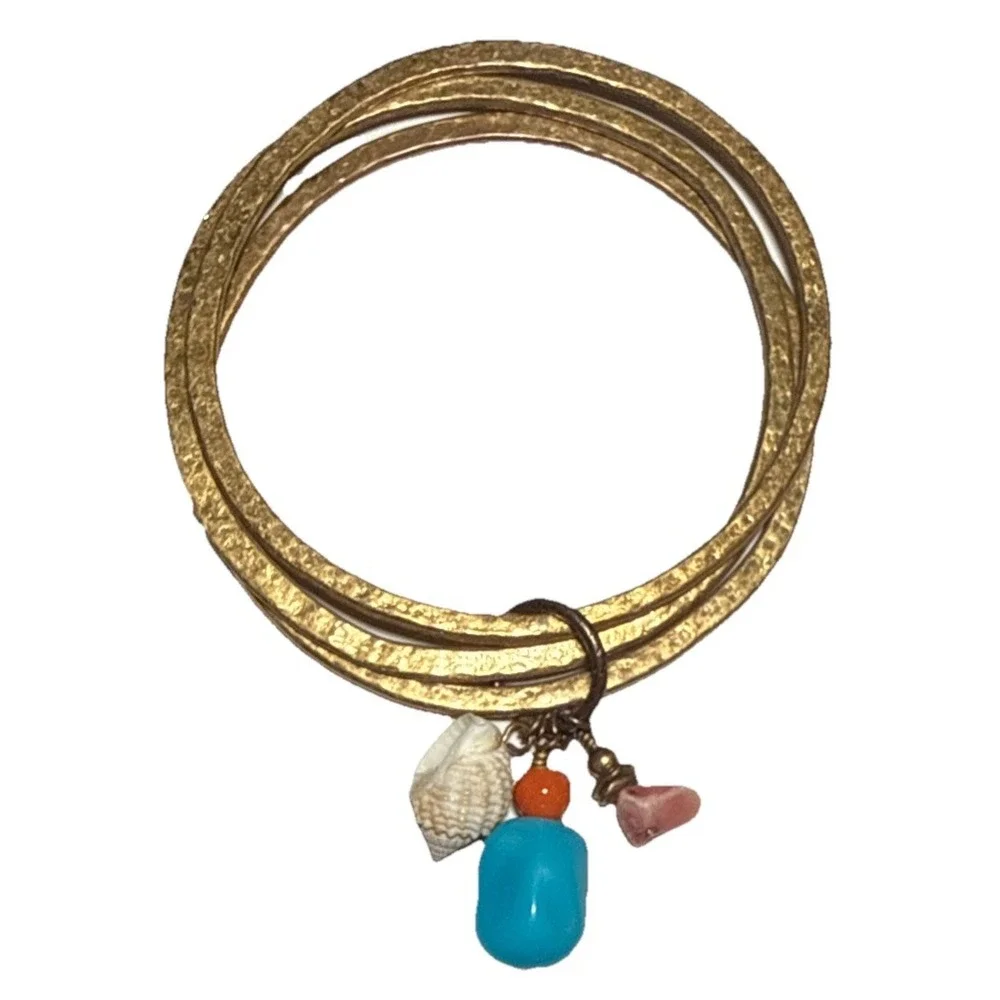 Vintage Gold Tone Bangle Bracelet Three Layer Seashell Charms J22